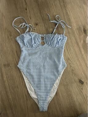 MONTCE Blue White Gingham One-Piece Tie Shoulder Swimsuit Size Medium